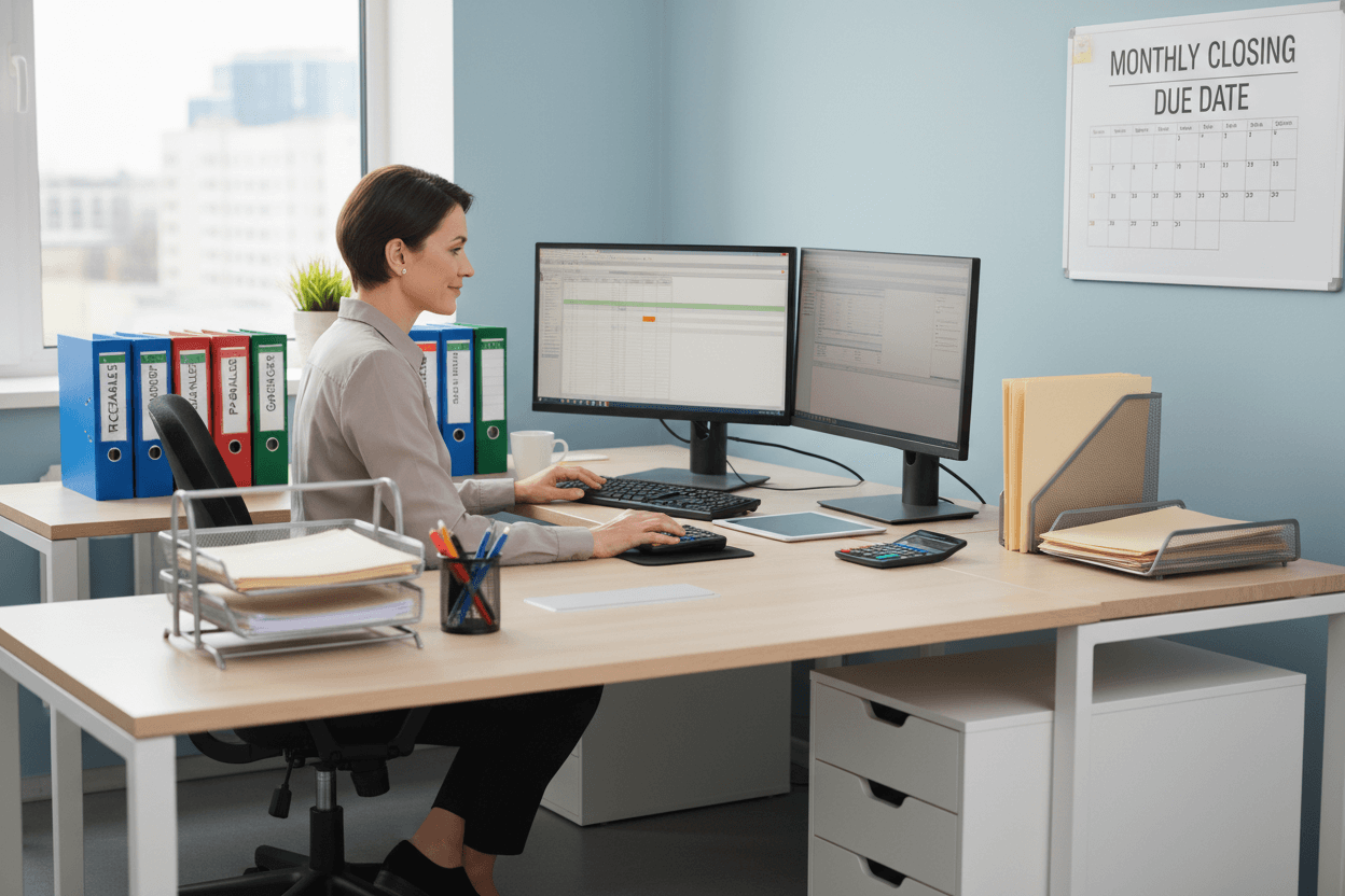 buchführungsarbeiten erledigen von einer motivierten person am pc mit ordner