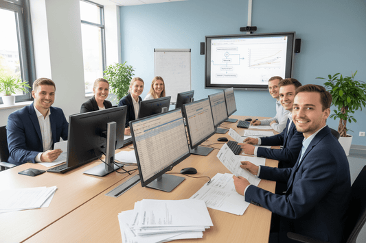freundliche Auszubildende im Seminarraum mit PC und Lohnabrechnung